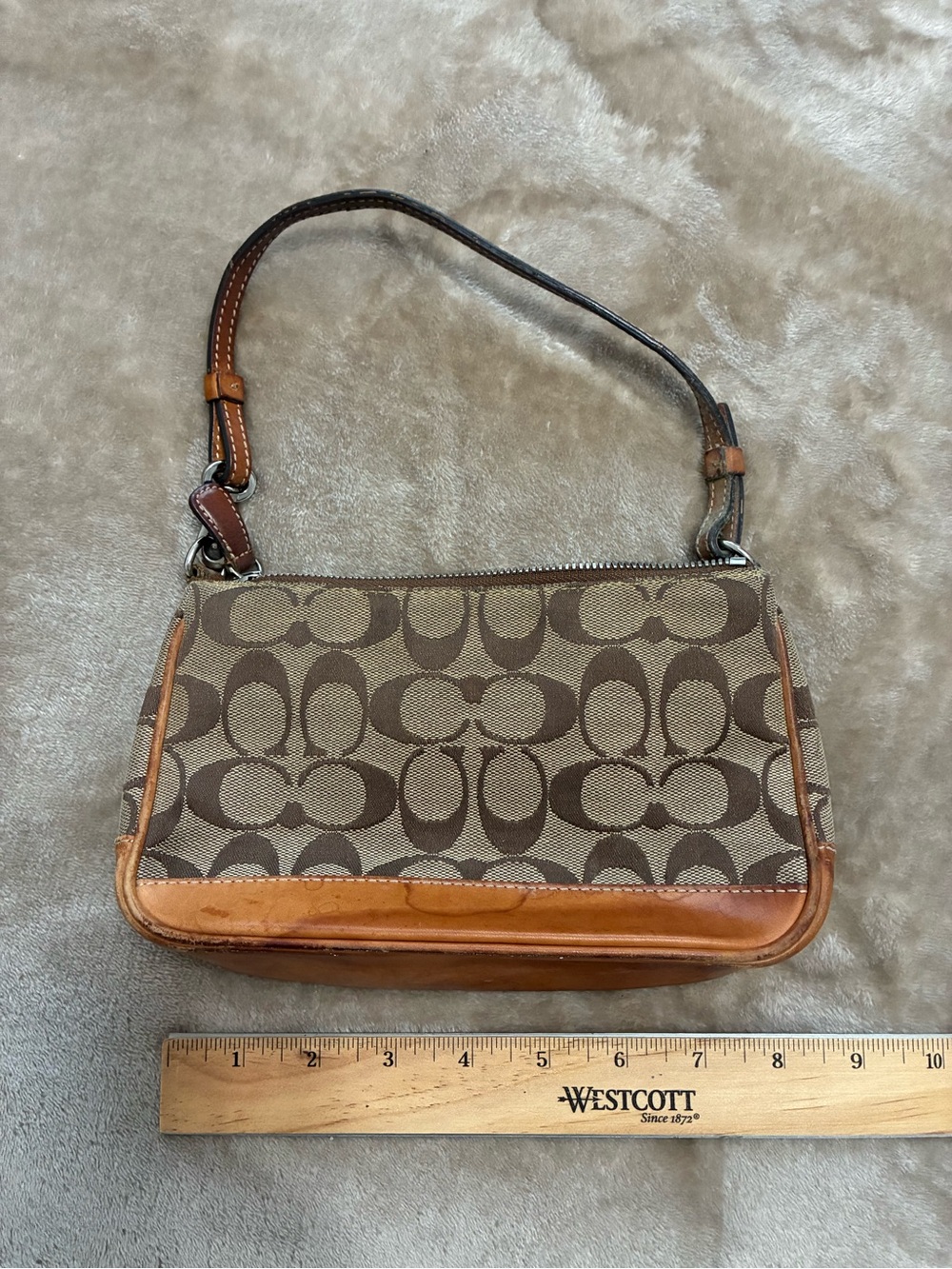 Coach Signature Canvas Mini Bag with Tan Leather Trim